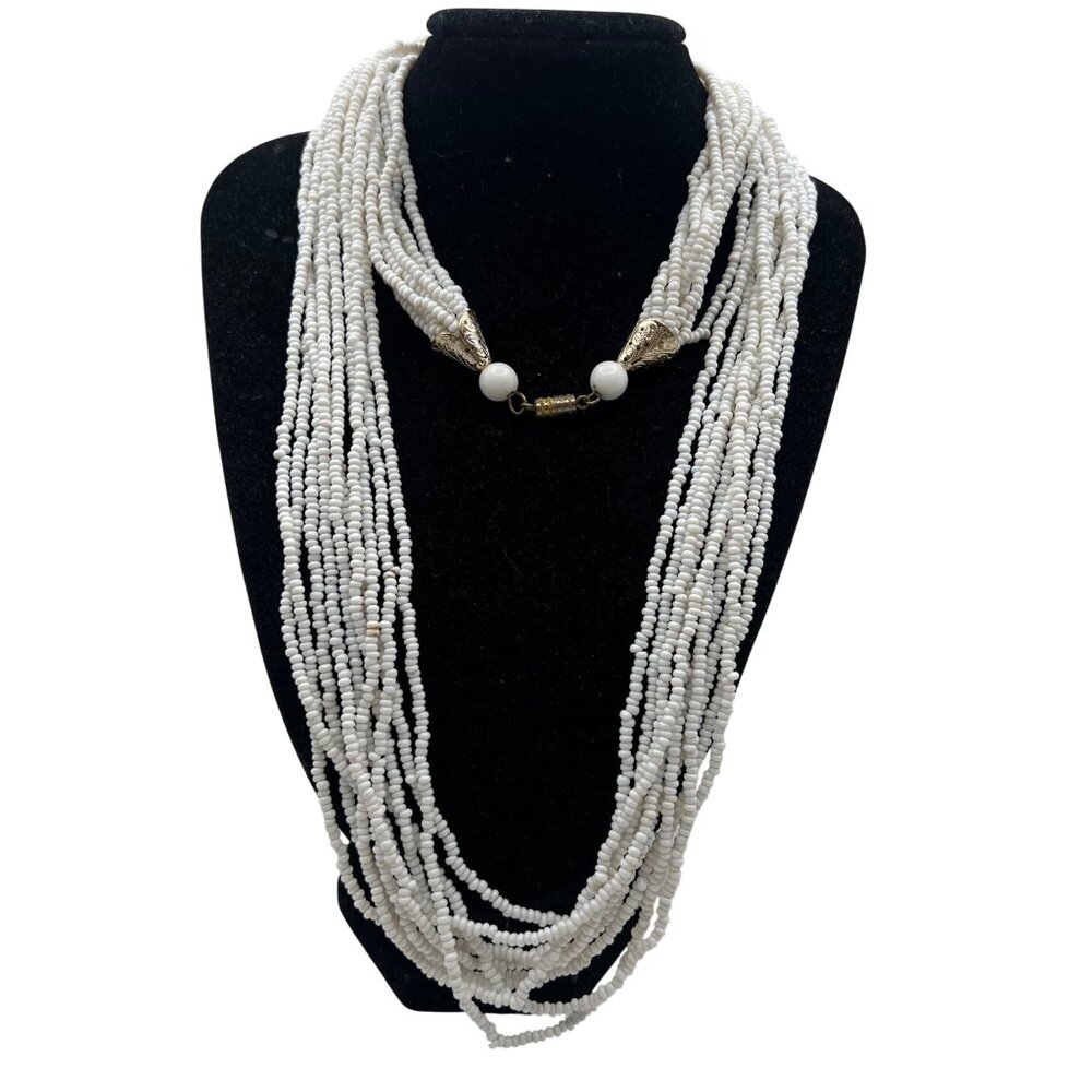 White Seed Bead Multi Strand Necklace Gold Tone Filigree Caps Glass 32" Vtg READ